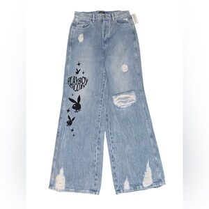 PLAYBOY Women's Distressed Light Blue Flare Jeans